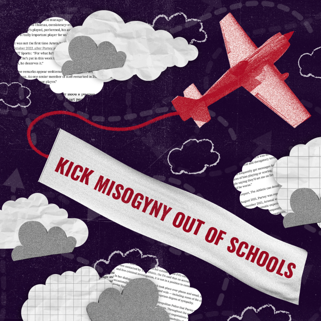 An illustration of a red airplane flying through a dark, textured sky with scattered clouds made of paper and grid patterns. The plane pulls a white banner that reads ‘KICK MISOGYNY OUT OF SCHOOLS’ in bold red letters. Dotted flight path lines curve through the background, adding movement to the scene.