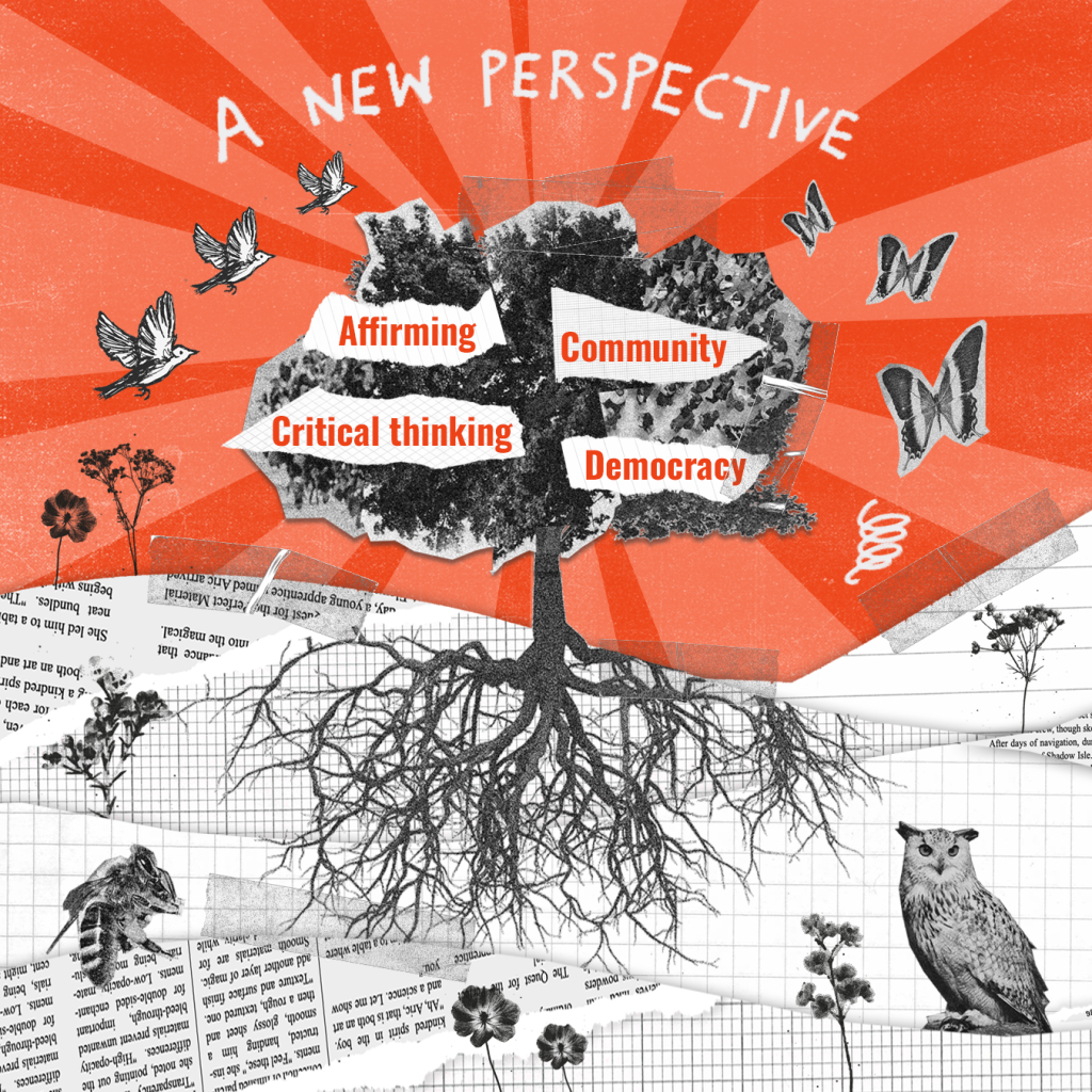 Illustrated tree showing Class 13’s framework to tackle deficit ideology in schools, with four principles — Affirming, Community, Critical Thinking, Democracy.