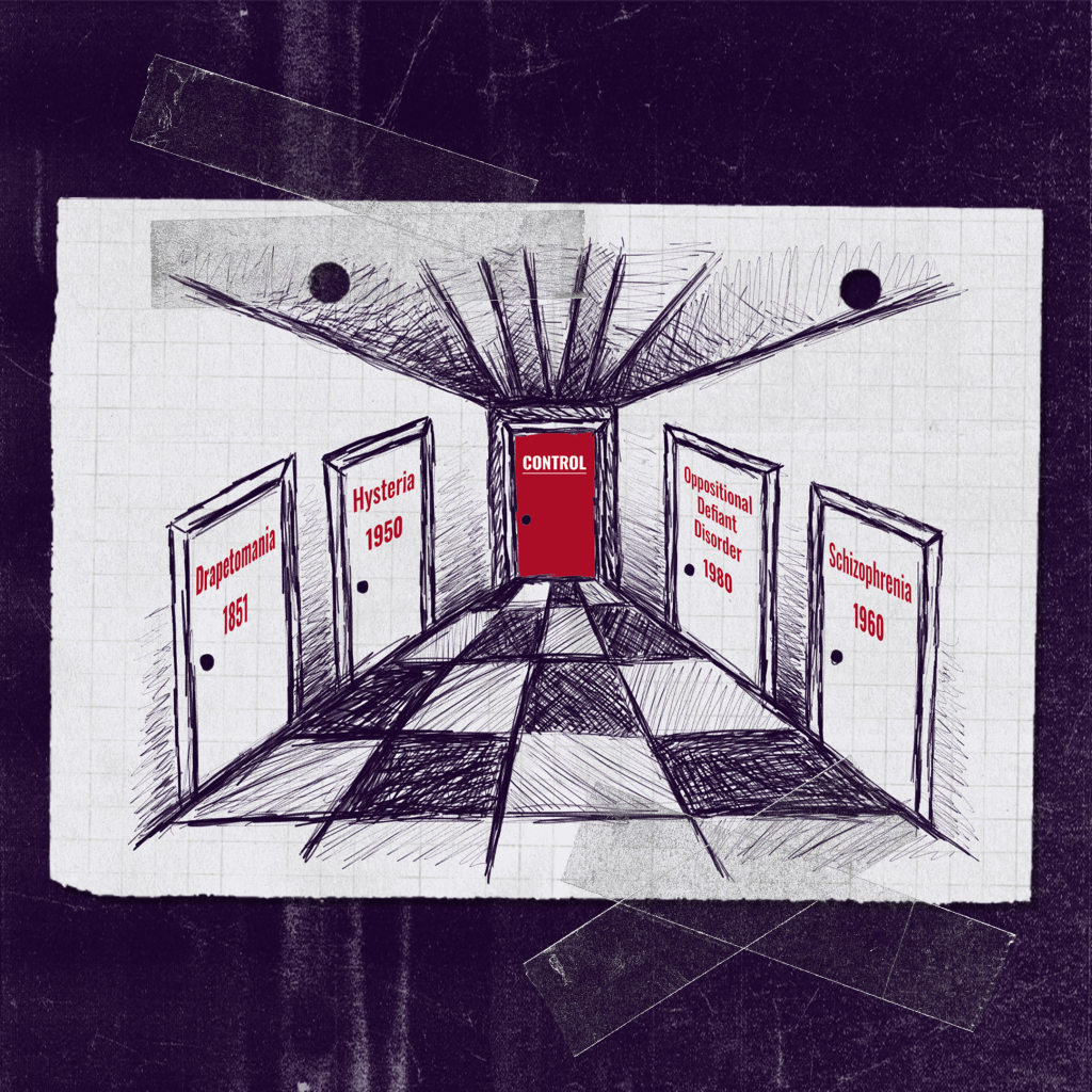 Illustration of a corridor drawn in sketchy lines, with doors labelled “Drapetomania 1851”, “Hysteria 1950”, “Schizophrenia 1960”, and “Oppositional Defiant Disorder 1980”, leading to a final red door labelled “CONTROL”.