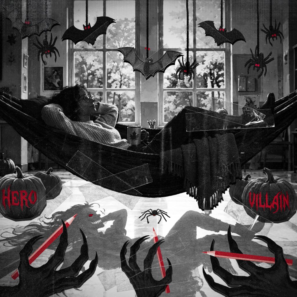 Person relaxing in a hammock between “Hero” and “Villain”, with Halloween monsters and their own monstrous shadow below.